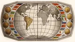 Global symbols and world maps represent the unity of international democratic cooperation.
