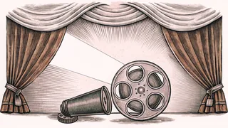 A spotlight illuminates a film canister and unmarked ticket stubs resting on deep red velvet.