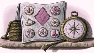 A bundle of adventure badges is pinned to weathered burlap beside a vintage compass on a shelf.