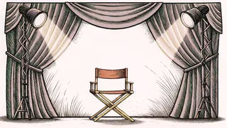 A velvet curtain and director's chair stand with spotlights crossing overhead.