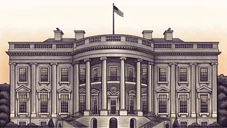 The White House surrounded by patriotic symbols.