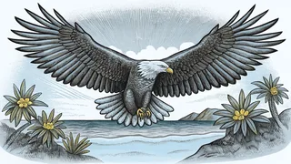 A sea bird soars above pristine island beaches and vibrant tropical flowers.