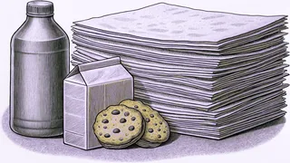 A stack of construction paper and glue beside juice boxes and cookies set out for snack time.