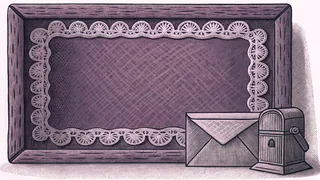 A decorative Valentine card with doily trim rests beside a red wax sealed envelope.