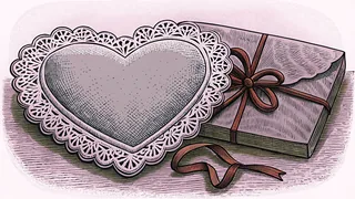 A lace-trimmed paper doily heart rests on an envelope, loose glitter and a red ribbon nearby.