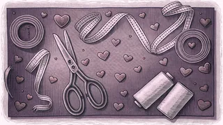 Colorful heart cutouts, ribbons, and glitter scatter around scissors and craft glue.