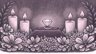A diamond ring gleams among white flowers surrounded by heart-shaped candles.