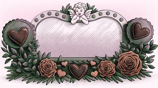 A cherubic cupid statue surrounded by chocolate hearts and fresh red roses.