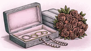 A lush bouquet of red roses stands beside an open jewelry box with gleaming rings.