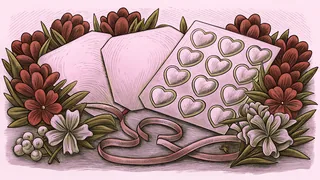 Candy hearts and Valentine cards scatter among red and pink flowers and ribbons.