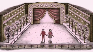 A couple glides together across an ice rink under sparkling lights.