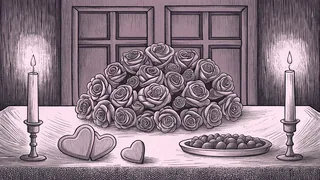 Red roses and heart-shaped chocolates rest on a candlelit dinner table.