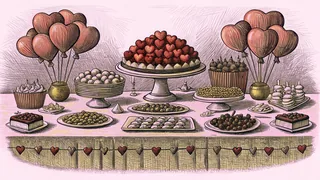 A festive table displays heart-shaped chocolates, balloons, and flowers for Valentine's.