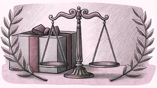 A balance scale rests beside a wrapped gift box and a golden laurel wreath.