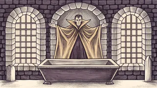 A vampire figure in a dark castle crypt surrounded by gothic atmosphere.