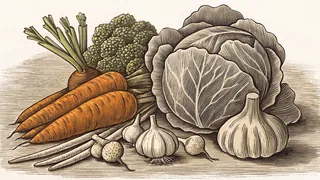 An assortment of colorful vegetables arranged in a bustling market stall or garden setting.