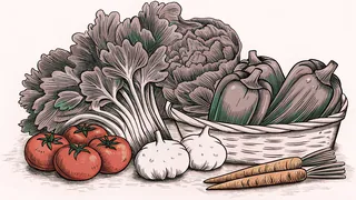 Fresh produce displayed in a woven basket with cutting board nearby.