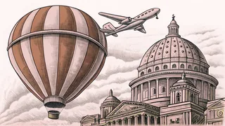 Multiple aircraft in flight: a sleek jet, a hot air balloon, and a helicopter in blue sky.