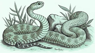 A king cobra and rattlesnake coiled among tropical foliage and rocky terrain.