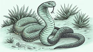 A king cobra and rattlesnake face off across arid desert terrain.