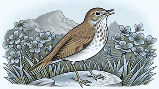 A hermit thrush sings among sugar maples with clover blooming below.