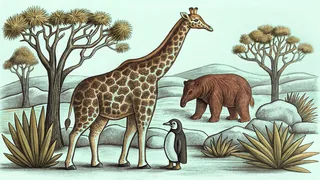 Diverse vertebrates representing mammals, birds, and reptiles inhabit different ecological zones.