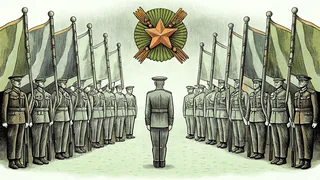 Military parade with uniformed soldiers carrying flags honoring veterans' service.