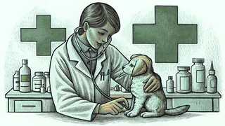A veterinarian cares for a puppy and kitten in a bright, clean examination room