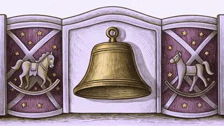 A brass bell hangs in a framed wooden alcove between two panels, each showing a small rocking horse among stars.