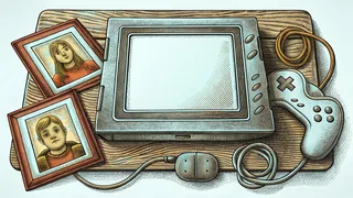 A handheld console showing an empty screen beside a controller and cartridges.