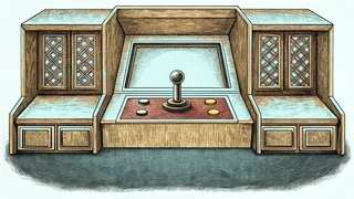 An arcade cabinet with a joystick and controller on a carpeted floor.