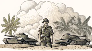 A soldier in full gear stands in a dense jungle during wartime