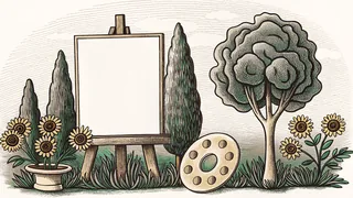 An easel and a paint palette rest beside a vase of sunflowers beneath a cypress tree.