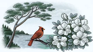 A cardinal perches on flowering dogwood above misty Chesapeake waters.
