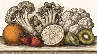 Colorful vitamin-rich fruits and vegetables arranged on a rustic farm stand.