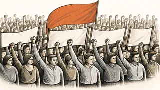 A diverse crowd marches together in a town square with unified raised fists.