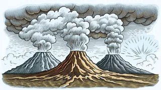 Multiple smoking volcanoes rise from misty landscapes with glowing lava