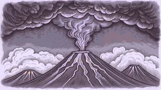 An active volcano erupts with cascading lava and towering plumes of ash and smoke.
