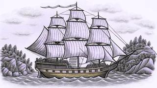 A sailing ship with billowing sails navigates past fantastical floating islands.