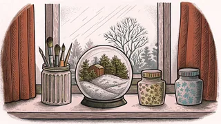A snow globe sits beside paint pots and brushes on a bright windowsill.