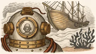 A diving vessel submerged underwater with aquanauts exploring the depths beneath a sailing ship above.
