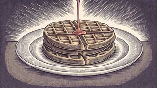 A stack of square waffles on a plate with syrup pouring over them.