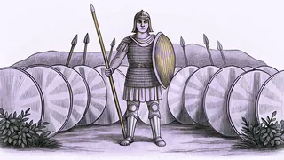 A warrior goddess in shining armor with a spear, shields, and battle chariots on a field.