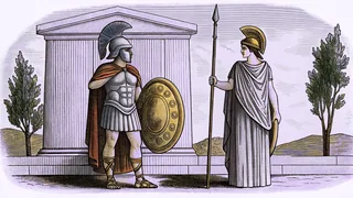 The god of war Ares in armor beside Athena with a shield, set on a fierce battlefield.
