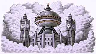 A metallic alien war machine looms over London amid smoke and fire.