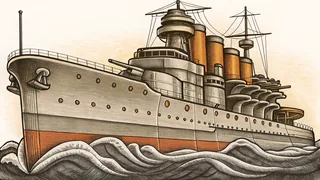 A military battleship churns through rough seas with cannons mounted and ready.