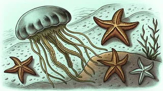 A translucent jellyfish floating above starfish on the sea floor.