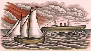 A sailboat with billowing canvas floats beside a submarine breaking through the ocean surface near a speedboat.