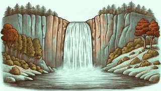 A high waterfall dropping into a misty pool between forested cliffs.