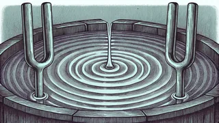 Two tuning forks vibrate beside a struck drum as ripples spread across a bowl of water.